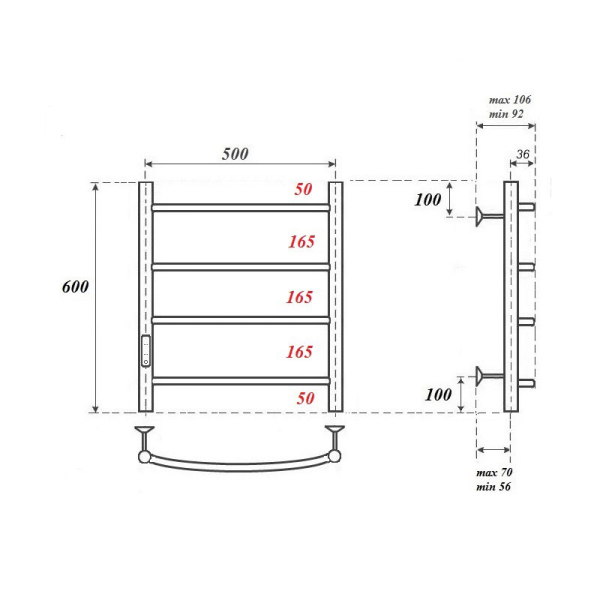Полотенцесушитель электрический Point PN04756W П4 500x600 диммер слева, белый