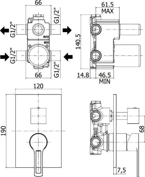 Смеситель Paffoni Ringo RIN018NO/M С ВНУТРЕННЕЙ ЧАСТЬЮ, для ванны с душем