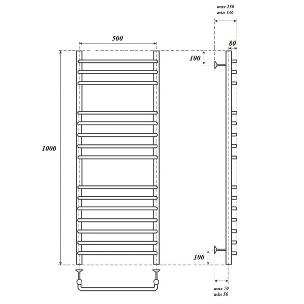 Полотенцесушитель водяной Point PN09150S П15 500x1000, хром
