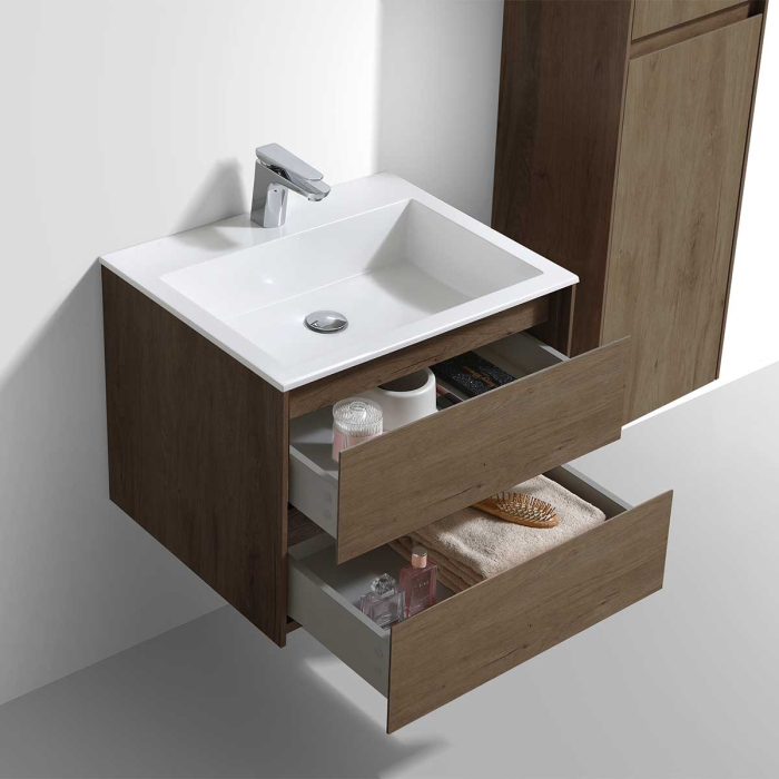 Тумба с раковиной Vincea Luka 600 подвесная, 2 выкатных ящика soft-close, T.Oak, VMC-2L600TO+VCB-13600B