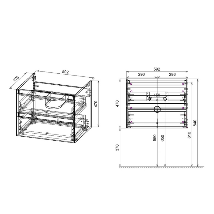 Тумба с раковиной Vincea Luka 600 подвесная, 2 выкатных ящика soft-close, G.Stone, VMC-2L600GS+VCB-13600B