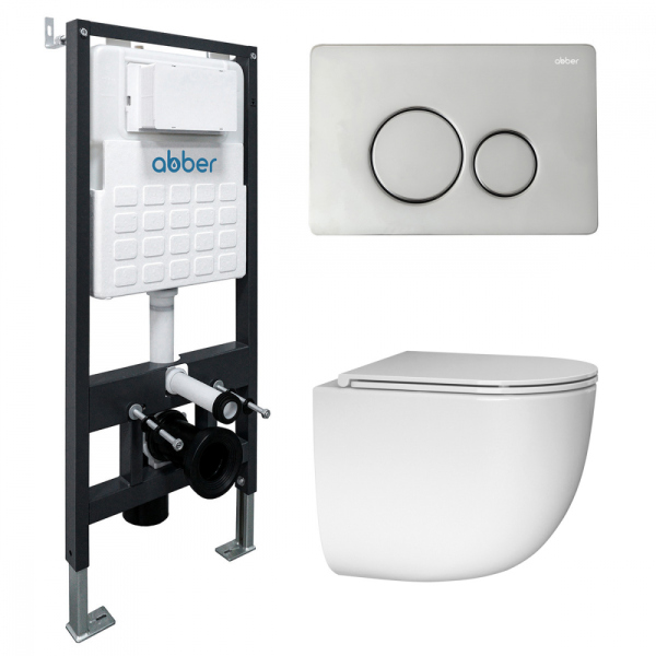Комплект подвесной унитаз ABBER Bequem белый, с закрытым дном с инсталляцией, кнопкой хром глянцевый
