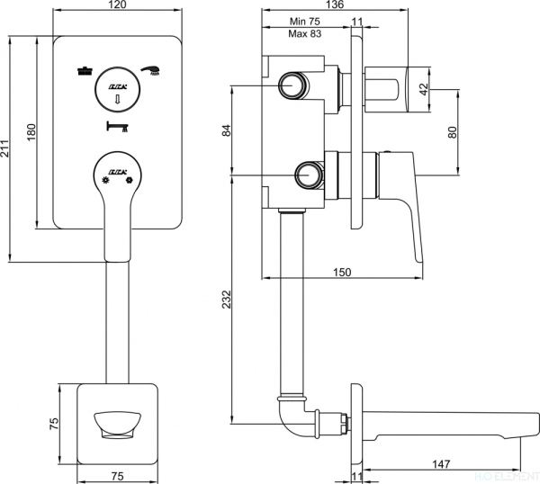 Смеситель E.C.A. Luna 102101133EX С ВНУТРЕННЕЙ ЧАСТЬЮ, для ванны с душем