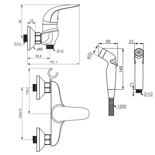 Смеситель для душа с гигиенической лейкой, держателем и шлангом Damixa Eclipse, 318000000 Смеситель для душа с гигиенической лейкой, держателем и шлангом Damixa Eclipse, 318000000