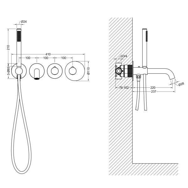 Смеситель встроенный для ванны с душем с термостатотом Timo Saona черный (2324/03YSM)