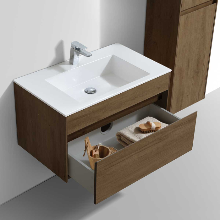 Тумба с раковиной Vincea Chiara 800 подвесная, 1 выкатной ящик soft-close, T.Oak, VMC-2C800TO+VCB-13800W