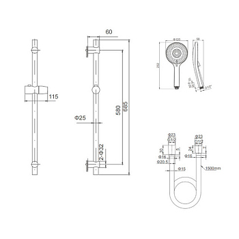 Душевая штанга с лейкой и шлангом (gun metal) Caprigo, 98-570-GUN