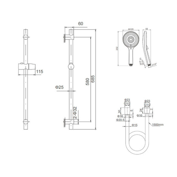 Душевая штанга с лейкой и шлангом (gun metal) Caprigo, 98-570-GUN