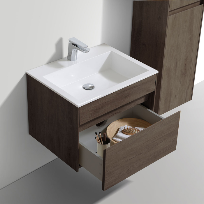 Тумба с раковиной Vincea Chiara 600 подвесная, 1 выкатной ящик soft-close, R.Oak, VMC-2C600RO+VCB-13600W