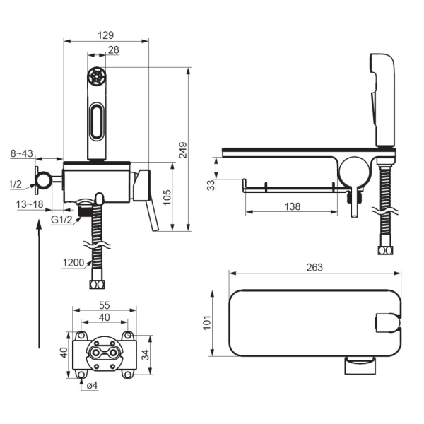 Смеситель, монтируемый в стену с гигиеническим душем и полкой Damixa Jupiter, 773500200
