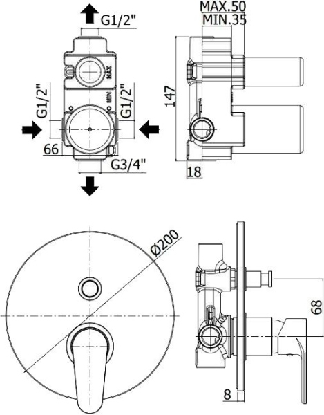 Смеситель Paffoni Green GR015CR С ВНУТРЕННЕЙ ЧАСТЬЮ, для ванны с душем