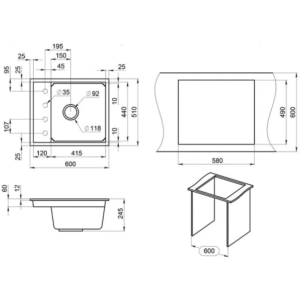 Кухонная мойка GRANULA Kitchen Space (6004, ШВАРЦ)