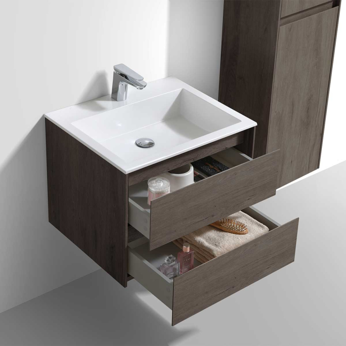 Тумба с раковиной Vincea Luka 600 подвесная, 2 выкатных ящика soft-close, R.Oak, VMC-2L600RO+VCB-13600W