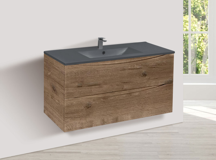 Тумба с раковиной Vincea Mia 1000 подвесная, 2 выкатных ящика soft close, V.Oak, VMC-2MC100VO+VBS-13100MB